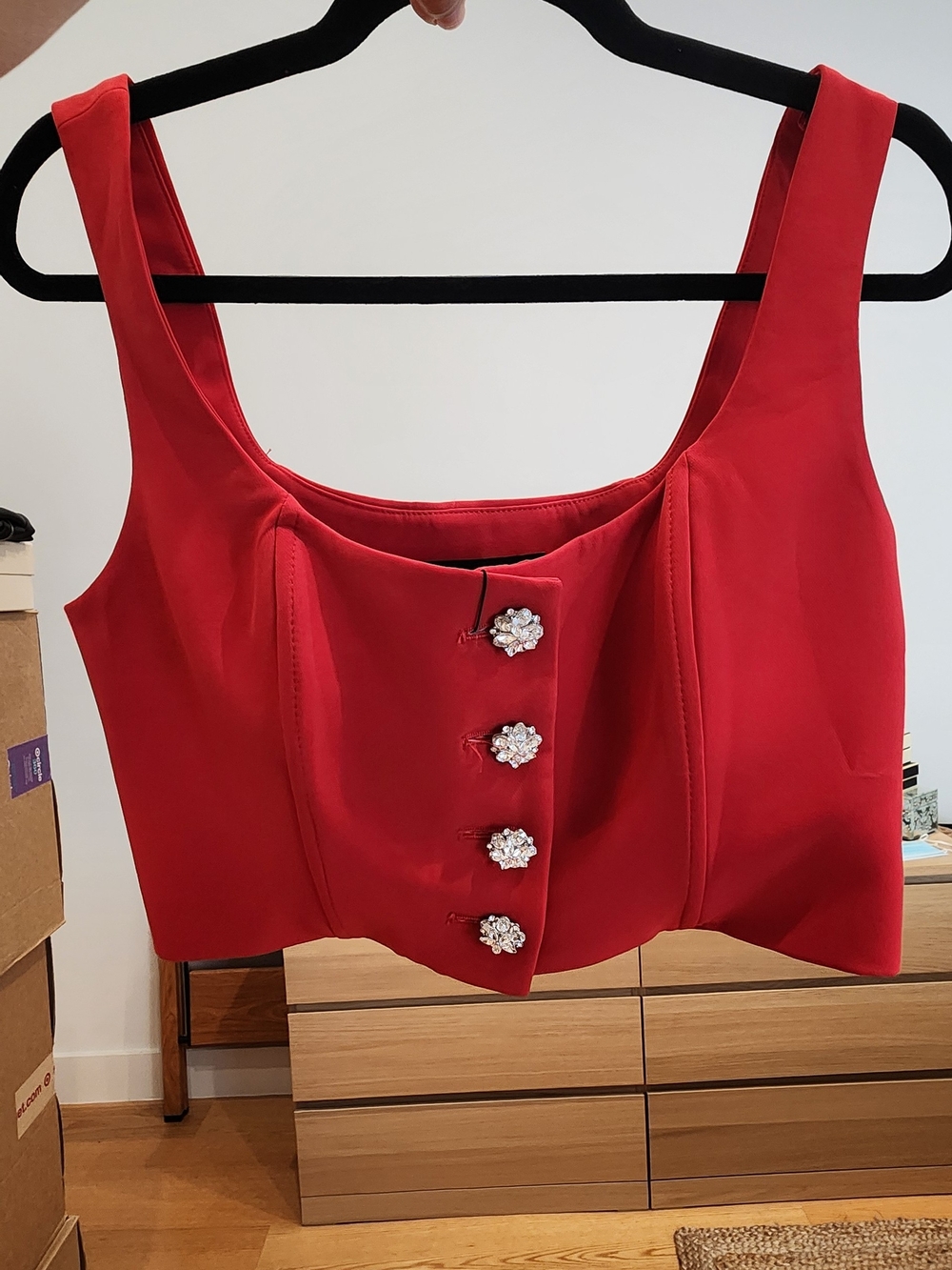 Zara Red Sleeveless Crop Top with Crystal Floral Buttons